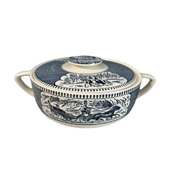 Vintage Royal Currier & Ives Blue White Ironstone Covered Casserole Dish Handles - Picture 5 of 14